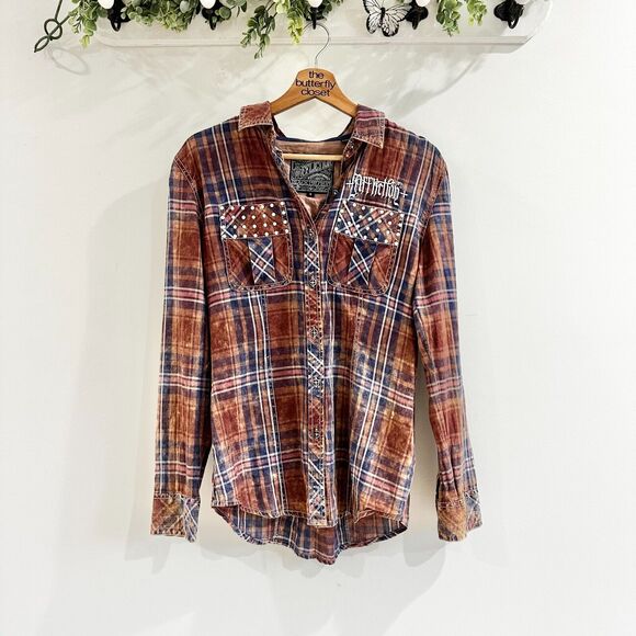 Affliction Beaded Button Up Plaid/Flannel Shirt with Tie Back Size S - Picture 1 of 3